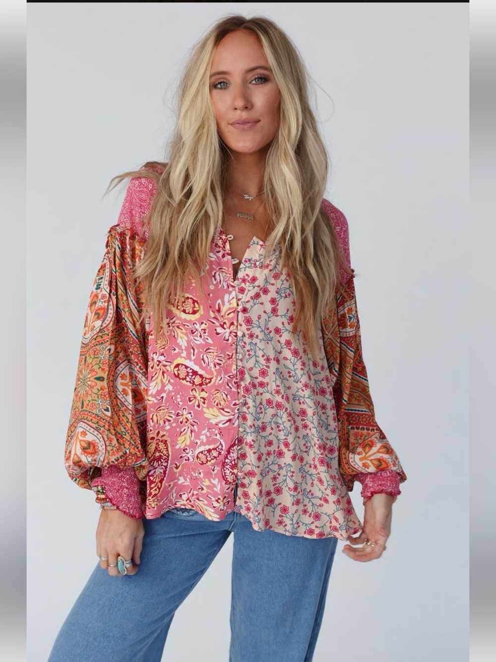 New:Oli & Hali Mixed Boho Patchwork Print Button Front Long Puff Sleeve Blouse•L